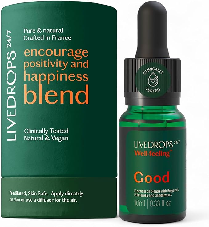 LIVEDROPS 24/7 Good Essential Oil Blend Bergamot Palmarosa Sandalwood | Daytime Aromatherapy for Positivity Focus Happiness | Skin-Safe Diffuser Oil French Perfumers Vegan Dermatologist Tested 10m