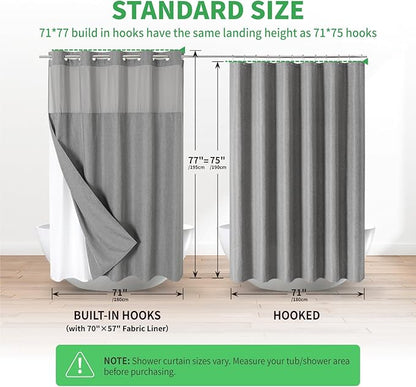 No Hooks Needed Linen Textured Shower Curtain with Snap-in Fabric Liner Set,Grey Hotel Luxury Decor Shower Curtains for Bathroom,Waterproof & Washable,71Wx77H