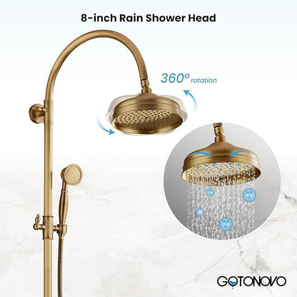 gotonovo Exposed Bathroom Shower System Classic Shower Kit 8 Inch Luxurious Rainfall Shower Head Handheld Spray Tub Filler Brass Pipe 3-Function Wall Mount Double Cross Knobs Antique Brass