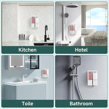 Shampoo and Conditioner Dispenser Wall Mounted No Drill, Shower Soap Dispenser 2 Chamber Shampoo Conditioner Body Wash Refillable 2 * 17oz Shower Soap Dispenser for Bathroom Hotel, White+Clear