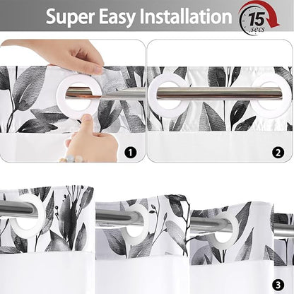 No Hook Shower Curtain and Liner Set, Grey Eucalyptus Floral Shower Curtains for Bathroom, Bath Curtain Sets with Snap in Liner, Waterproof with See Through Top Window, 71x77 Inches