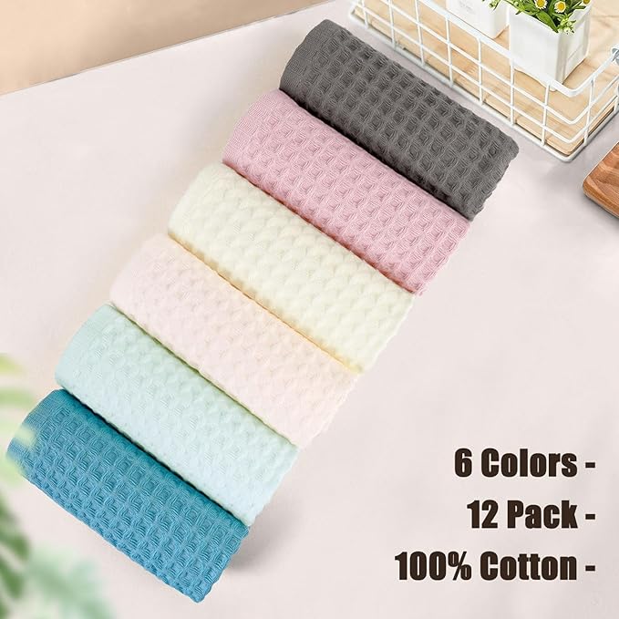 Cleanbear Waffle Wash Cloths Set of 12, Cotton Washcloths for Body and Face, 13” x 13”, 6 Assorted Colors