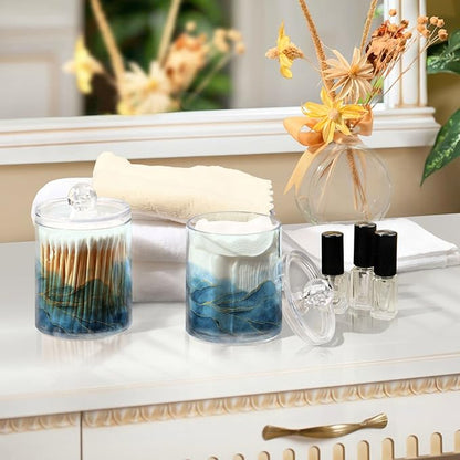 MNSRUU 2 Pack Qtip Holder Organizer Dispenser Blue Watercolor Marble Bathroom Storage Canister Cotton Ball Holder Bathroom Containers for Cotton Swabs/Pads/Floss