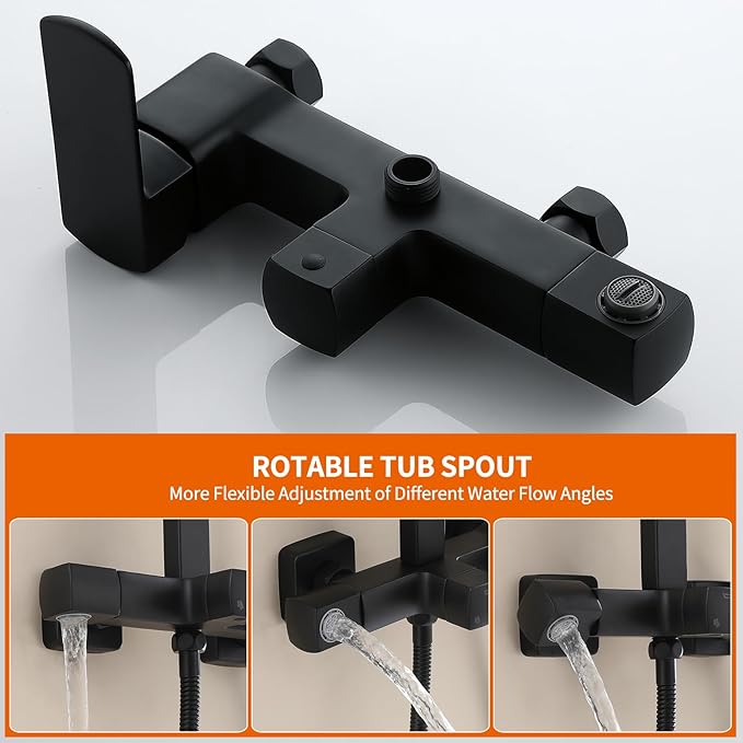 Exposed Shower System with Rain Shower and Handheld Sprayer, Outdoor Shower Fixture with Tub Spout, Rainfall Showerhead Faucet Combo Set for Bathroom Height Adjustable Shower Mixer Matte Black