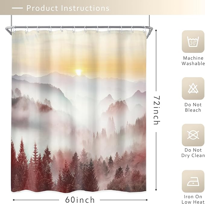 Riyidecor Misty Mountain Shower Curtain 60Wx72H Inch Red Sunrise Nature Scenery Foggy Pine Tree Scenic Woodland Modern Natural Landscape Cool Bathroom Decor Fabric Polyester Waterproof 12 Pack Hooks