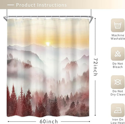 Riyidecor Misty Mountain Shower Curtain 60Wx72H Inch Red Sunrise Nature Scenery Foggy Pine Tree Scenic Woodland Modern Natural Landscape Cool Bathroom Decor Fabric Polyester Waterproof 12 Pack Hooks