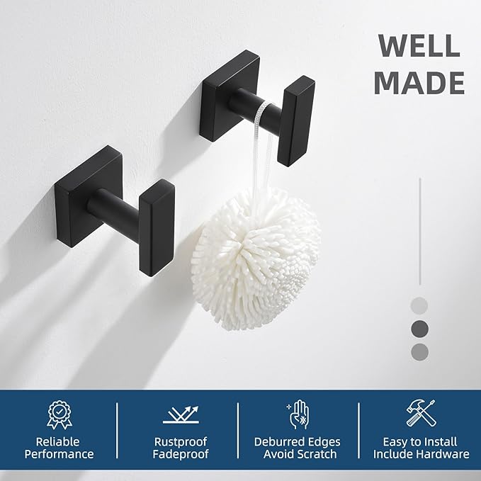 Angle Simple Bathroom Towel Hooks, Stainless Steel Robe Coat Hooks for Wall, Matte Black, 2 Pack