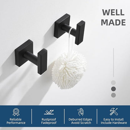 Angle Simple Bathroom Towel Hooks, Stainless Steel Robe Coat Hooks for Wall, Matte Black, 2 Pack