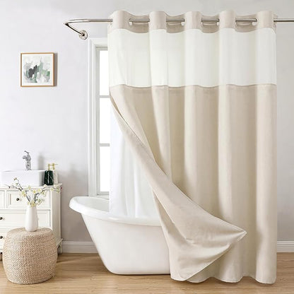 No Hooks Needed Linen Textured Shower Curtain with Snap-in Fabric Liner Set,Cream Hotel Luxury Decor Shower Curtains for Bathroom,Waterproof & Washable,71Wx77H