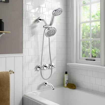 PROOX 3 Handle Tub Shower Faucet Set, Dual shower head Combo with Tub and Shower Trim Kit with Rough-in Valve, Polished Chrome Bathtub Shower Faucets, Wall Mounted Bathroom Rain Shower System