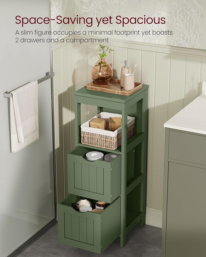 VASAGLE Storage Cabinet, Storage Organizer Rack Stand for Bathroom, Living Room, Bedroom, Multifunctional Corner Unit, 2 Drawers, 35 Inches in Height, Forest Green UBBC042C01