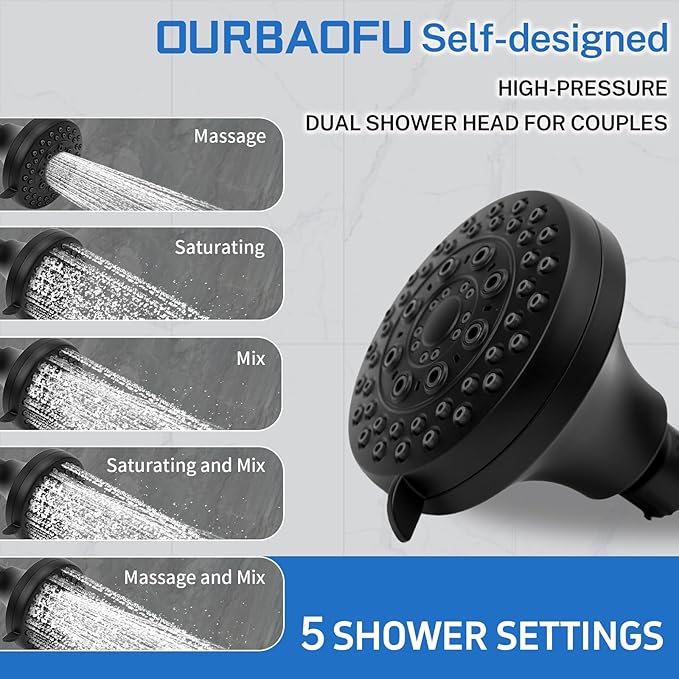 Tandem Shower Heads, Double Shower Head for Couples, Dual Shower Head System for Two People, High Pressure and Adjustable Double Shower Heads (Black)