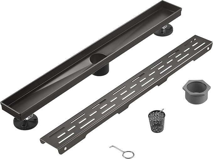 HEATGENE 12-Inch Linear Shower Drain in Venetian Bronze - Stainless Steel Rectangular Shower Floor Drain - Removable Decorative Cover - Adjustable Leveling Feet - CUPC Certified