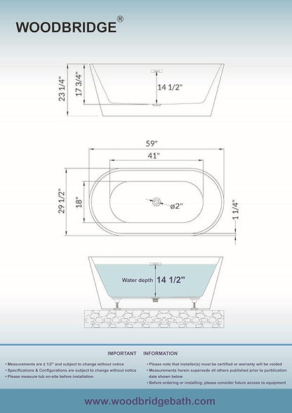WOODBRIDGE B-1814 59" Acrylic Freestanding Bathtub Contemporary Soaking Tub with Brushed Nickel Overflow and Drain BTA1814-B,Black