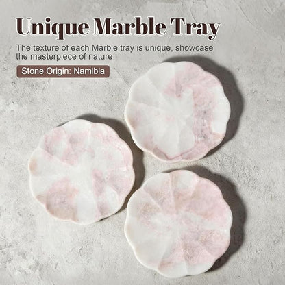 Koville Marble Tray, 8" Round Marble Vanity Tray for Jewelry Trinket Perfume, Natural Stone Tray for Bathroom Kitchen Dresser Countertop, Scalloped Decorative Tray for Home Table Decor(White&Pink)