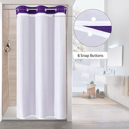 MitoVilla Purple Waffle Small Stall Shower Curtain Liner Set 36 x 74, No Hooks Needed Half Size Narrow Waffle Weave Fabric Shower Curtain Set with Snap-in Liner for Modern Spa-Like Bathroom Decor