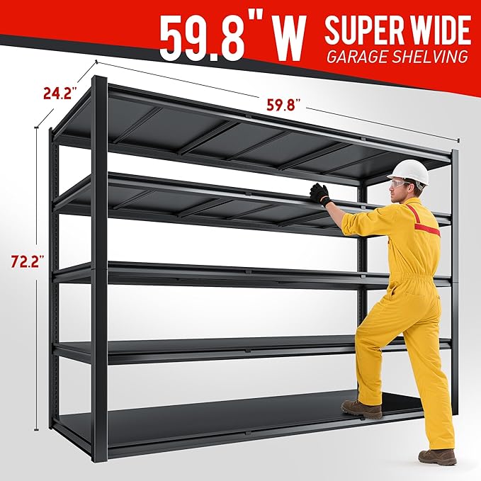 72.2" H Garage Shelving 3000LBS Metal Shelving Unit Adjustable Garage Storage Shelves 5 Tier Heavy Duty Storage Rack for Pantry, Warehouse, Industries, 59.8" W x 72.2" H x 24.2" D, 2 Pack