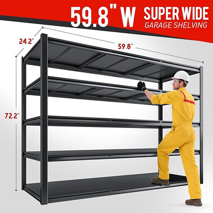 72.2" H Garage Shelving 3000LBS Metal Shelving Unit Adjustable Garage Storage Shelves 5 Tier Heavy Duty Storage Rack for Pantry, Warehouse, Industries, 59.8" W x 72.2" H x 24.2" D, 2 Pack