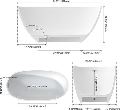 51" Stone Resin Freestanding Bathtub, Modern Oval Solid Surface Soaking Tub, Solid Surface Stand Alone Bathtub with Drain & Integrated Slotted Overflow Matte White AM303-1300
