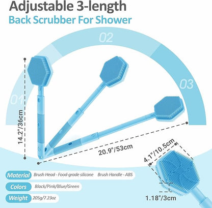 Silicone Back Scrubber for Shower, 16''-21''Extendable Shower Back Scrubber with Dual-Side Large Brush Head, 3-Length Back Brush Bath Brush with Strong Handle & Rich Foaming Bristles(Blue)