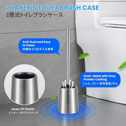 Stainless Steel Toilet Brush and Holder Toilet Brush and Cases Bathroom Bowl Cleaning Brush Double Layer Holder Long Brush Handle High Density Bristles Silver