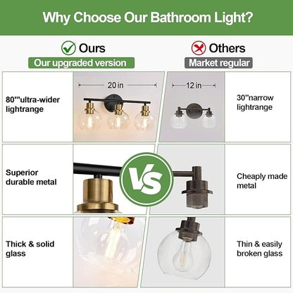 2025 Upgrade 3-Light Bathroom Light Fixtures, Black and Gold Bathroom Lights Over Mirror with Clear Glass Globe Shade, Vanity Lights for Bathroom Kitchen Living Room Hallway Cabinet Bedroom Porch