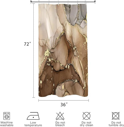 Small Stall Marble Shower Curtain 36 x 72 Inch, Half Narrow Abstract Modern Shower Curtains for Bathroom, Luxury Art Ink Texture Fabric Shower Curtain Set with Hooks, Brown
