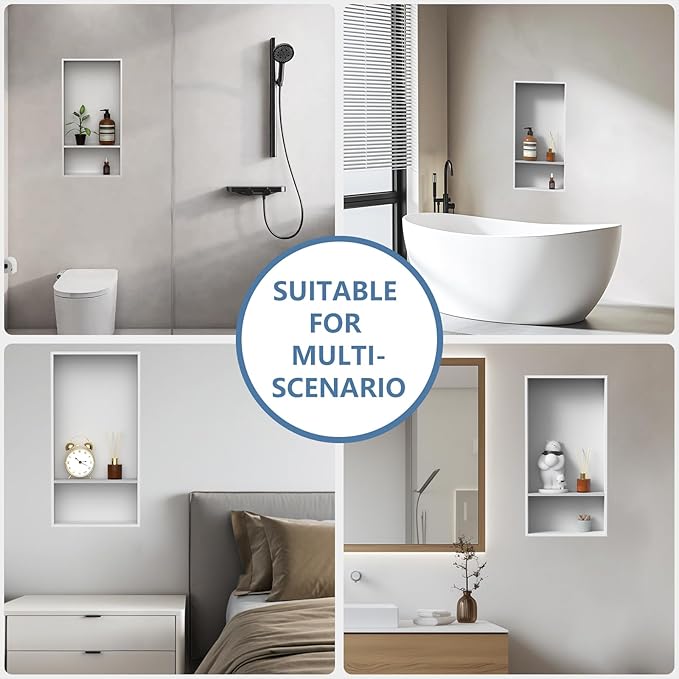 Homevacious 13" X 25" Stainless Steel Shower Niche No Tile Needed Double Shelves White Bathroom Shelf Rimless Recessed Wall Niche for Bathroom Storage