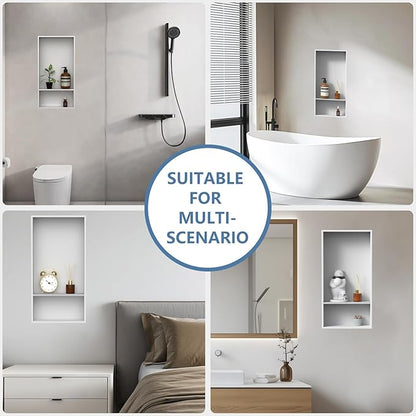 Homevacious 13" X 25" Stainless Steel Shower Niche No Tile Needed Double Shelves White Bathroom Shelf Rimless Recessed Wall Niche for Bathroom Storage