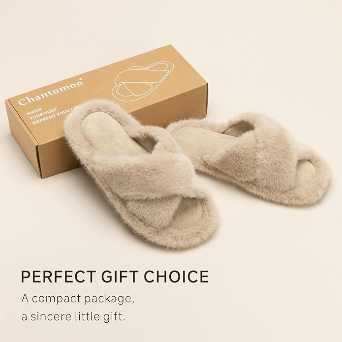 Chantomoo Womens Slippers Memory Foam Fuzzy Cross Band Faux Fur Slippers for Women Gift