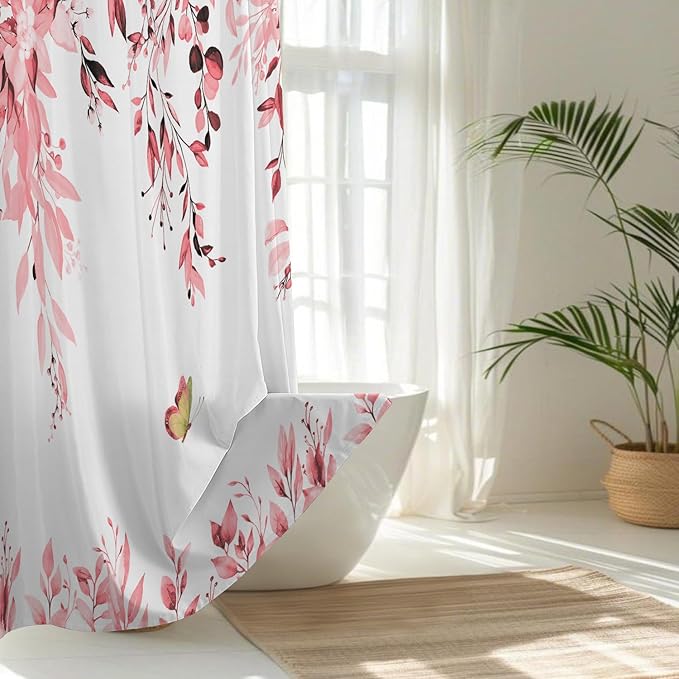No Hook Shower Curtain and Liner Set, Pink Eucalyptus Floral Shower Curtains for Bathroom, Bath Curtain Sets with Snap in Liner, Waterproof with See Through Top Window, 71x77 Inches