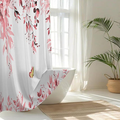 No Hook Shower Curtain and Liner Set, Pink Eucalyptus Floral Shower Curtains for Bathroom, Bath Curtain Sets with Snap in Liner, Waterproof with See Through Top Window, 71x77 Inches