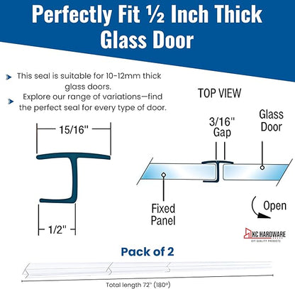 Frameless Shower Door Side Seal Strip H-Type 180 Degree 72'' Length, Clear (2, 1/2'' Glass)