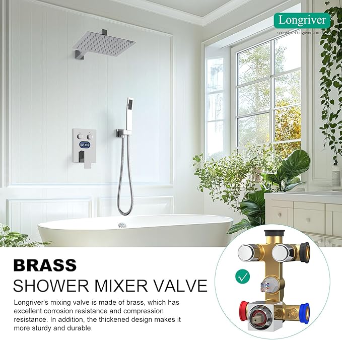 Push Button Diverter Shower Faucet Set Hydro Power Temperature Display, Shower System 12 Inch Shower Head with Handheld Spray, Wall Mounted Shower Fixtures with Valve and Trim Kit, Polished Chrome