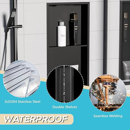 Stainless Steel Shower Niche 24" X 12", No Tile Needed Wall Niche Double Shelves, Recessed Shower Shelf for Bathroom Storage, Matte Black