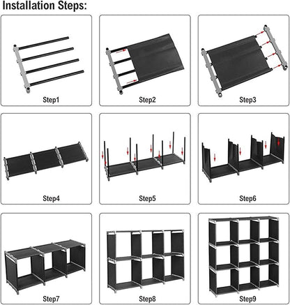 3-Tier 9-Cube Storage Shelf Organizer, Metal Tube and Non-Woven Fabric Storage Rack for Bathroom, Bedroom, or Living Room, Space-Saving & Easy to Assemble