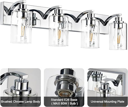 4-Light Bathroom Light Fixtures Modern Chrome Vanity Lights for Bathroom Lighting Fixtures Over Mirror with Clear Glass Shade for Cabinet Mirror Bedroom Hallway
