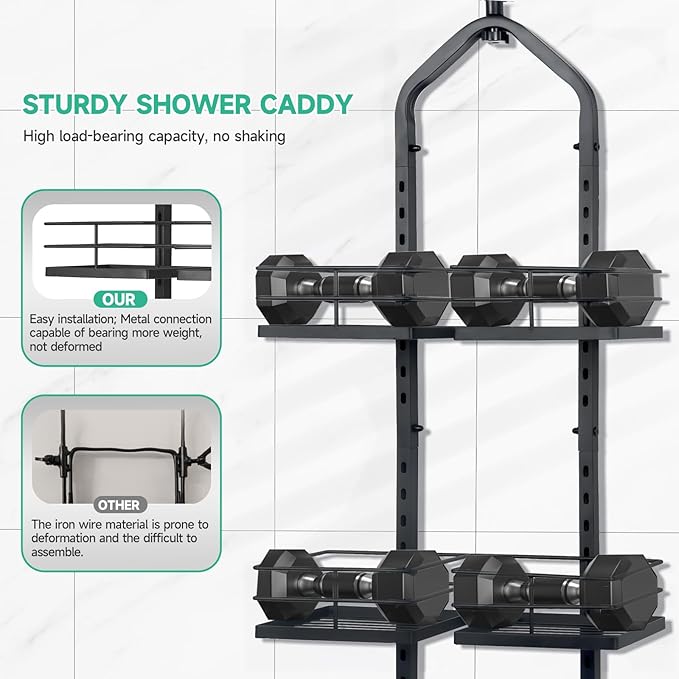 Shower Caddy Hanging for Handheld Showerheads Adjustable Height Extra Long Bathroom Storage Organizer Hanger Rack Rustproof Hose Shower Organizer 4 Levels Height Shower Rack（Black