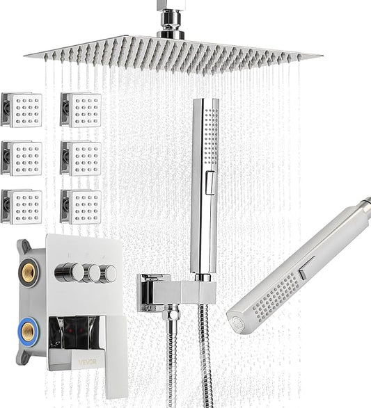 VEVOR Shower Faucet Set, 10 Inch Ceiling Mount Rainfall Shower System with 6 Body Jets and 2 in 1 Handheld Spray, Rotatable 3-Function Rain Head System Set, Complete Brass Valve and Trim Kit, Chrome