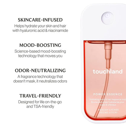 Touchland FRUITY CRUSH Body and Hand Mist Essentials (Peachy Lychee Body & Hair Fragrance Mist, 2 FL. OZ. + Berry Bliss Hydrating Hand Sanitizer Spray 1FL.OZ.), Travel Size Set