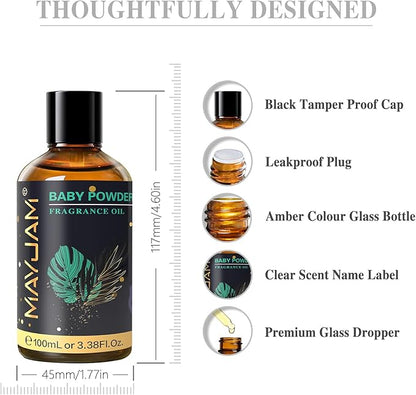 MAYJAM 100ML/3.38FL.OZ Baby Powder Fragrance Oils with Glass Dropper, Essential Oils for Diffusers for Home, Long Lasting Scented Oils for Diffusers Soap Candle Making