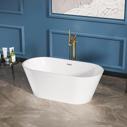 Sarlai 59 Inch Acrylic Freestanding Soaking Bathtub Contemporary Soaking White Tub Stand Alone Ergonomic Bathtub with Black Drain