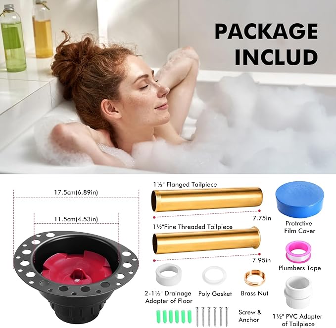 Freestanding Tub Drain Rough-in Kit, Bathtub Drain Kit with PVC Adapter and Brass Tail Pipes, Compatible with Free Standing Bathtubs, Copper Bathtub and Floor Mounted Bathtub