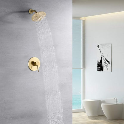 sumerain Brushed Gold Shower Faucet Set with 8 Inches Stainless Steel Rain Shower Head, Solid Brass Rough In Valve
