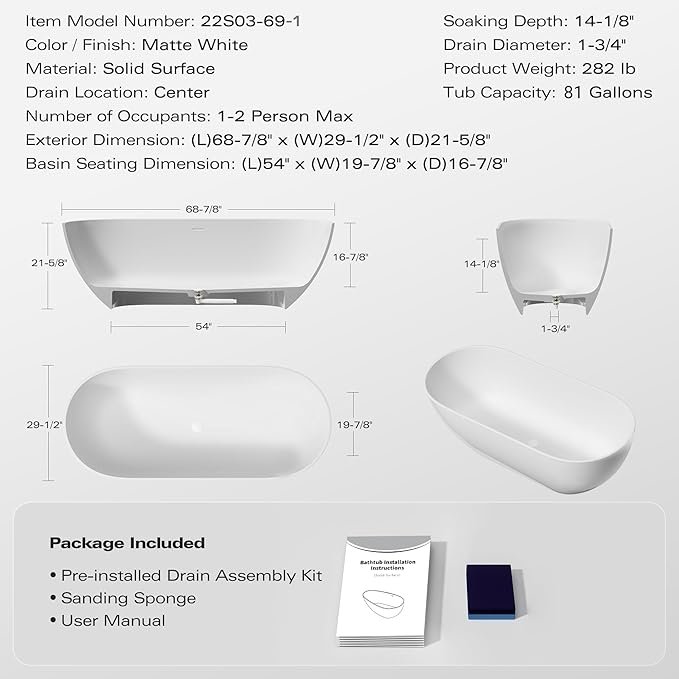 Abruzzo 69" Free Standing Solid Surface Resin Stone Bathtub, Contemporary Oval Soaking Tub with Overflow and Pop-up Drain, cUPC Certified，Matte White