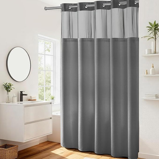 River Dream Heavyweight No Hooks Required Dotted Waffle Weave Shower Curtain with Snap in Liner -Extra Long 71W x 86H,Hotel Grade,Spa Like Bath Curtain,Gray