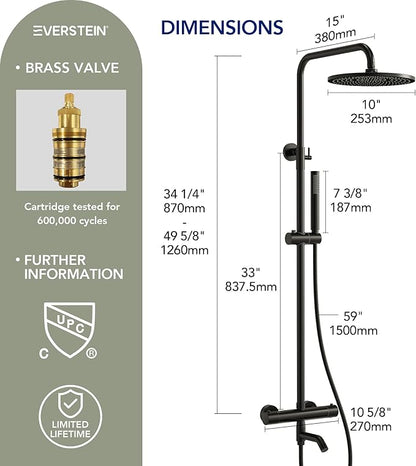 Exposed Shower System with Tub Spout, EVERSTEIN 10 inch High Pressure Shower Faucet Set, 3-Function Wall Mount Rain Showerhead with Handheld Sprayer, Outdoor Bathroom Fixtures, Matte Black