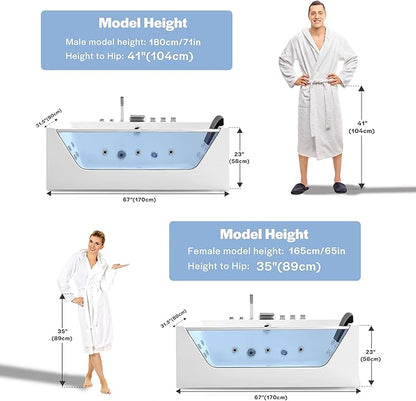 Empava 67” Whirlpool Bathtub with Chromatherapy, Hydrotherapy Jetted Bathtub with Glass Panel, 11 Jets,3-Side Apron,67 Gallons,ETL Certified, White