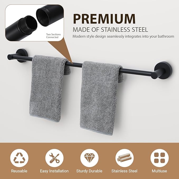 Matte Black Bathroom Hardware Set 4 Piece Towel bar Set,Towel Rack for Bathroom Wall Mounted Adjustable Expandable 24 inch Towel Holder Robe Hook Towel Ring Toilet Paper Holder