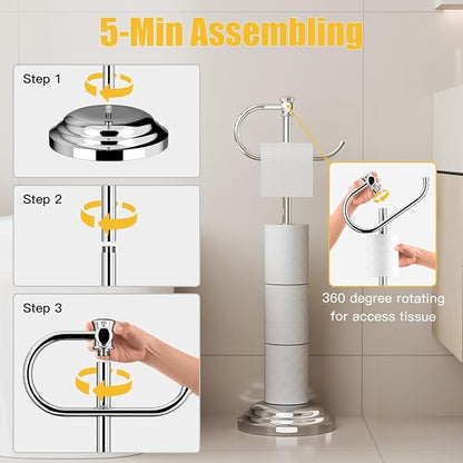 BESy Toilet Paper Holder Free Standing Bathroom Toilet Tissue Holder Stand for Floor Toilet Paper Roll Holder with Storage Hardware Accessories Rack Hand Towel Bar Polished Chrome Stainless Steel